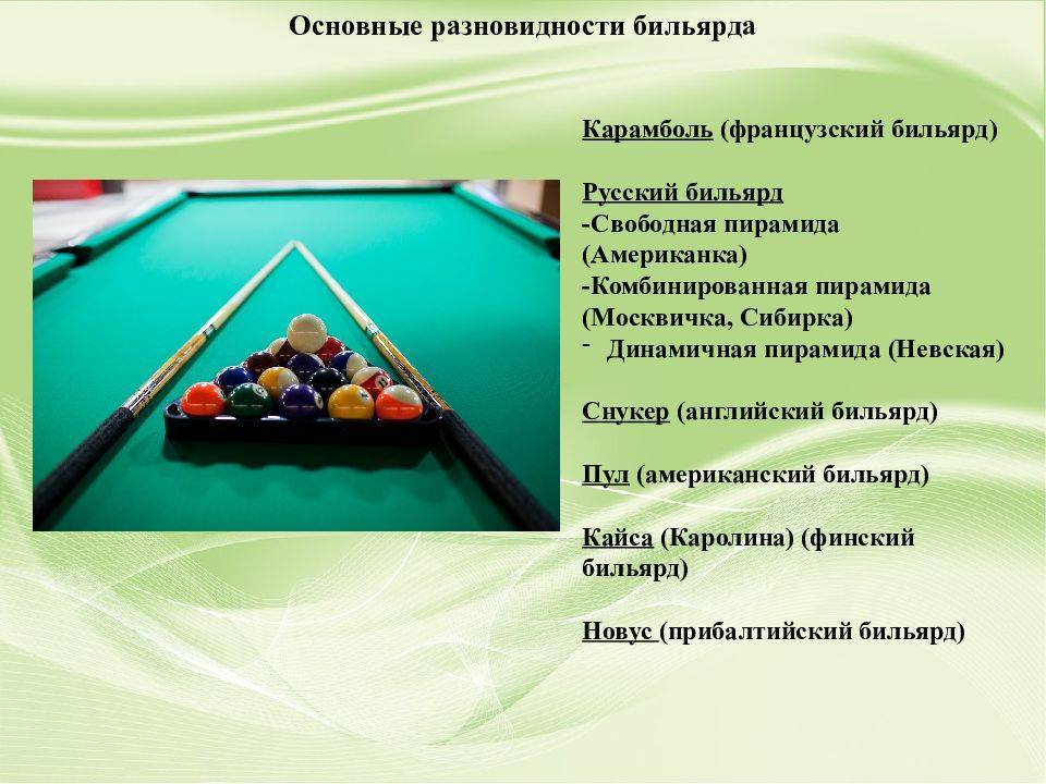 Бильярд.виды и особенности.как играть и правила.интересные факты